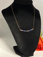 925 Sterling Silver Gilt Choker Necklace Stamped Natural Bullet Bar Blue Sones small rondels Ring Clasp 14 inch