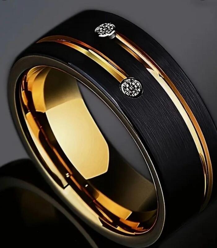 Stainless Steel 8mm Wide Band Ring Black & Golden Meteor Cross Design with Clear Stones Size 13