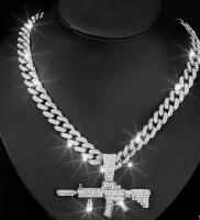 AK47 Iced Out Rhinestone 17.5 Inch Chain with 2.9 x 2 inch approx gun pendant