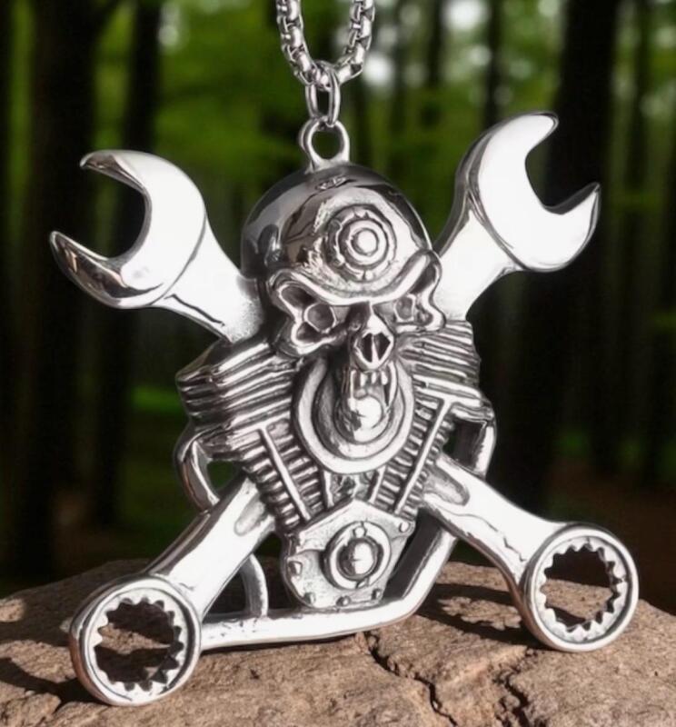 Stainless Steel Mechanical Wrench Gear Gothic Skull Pendant Necklace Pendant approximately 2.5 x 2.25 Chain 21 inch