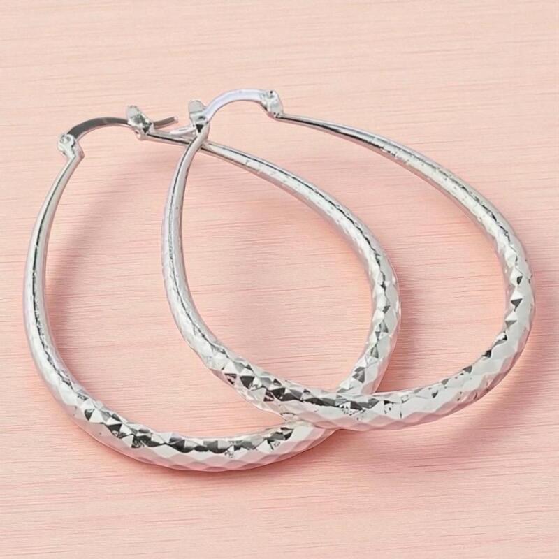 New 925 Sterling Silver Teardrop Hoop Earrings with Sparkling Diamond Cutting Piercrd snap in levers approximately 2 inch drop