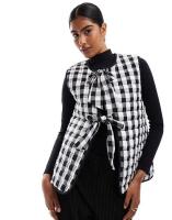 New ASOS DESIGN Quilted Gilet with Bows in Mono Gingham - Size Small