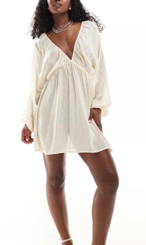 New ASOS DESIGN Plunge Long Sleeve Sheer Mini Beach Dress with Metallic Stripes - UK 10, Cream Colour