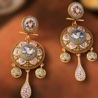 Exquisite Vintage Style Round Drop Design Earrings Perfectly Combined with Colorful Flowers and Peace Dove in Enamel Ink Craftsmanship Handmade Pierced post back 3&rsquo;&rsquo; drop