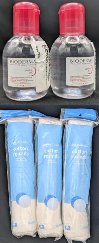 [See Desc] 2&times; BIODERMA Micellar Water (100ml) & 3&times; New Amazon Basics Cotton Rounds (100 per Pack)