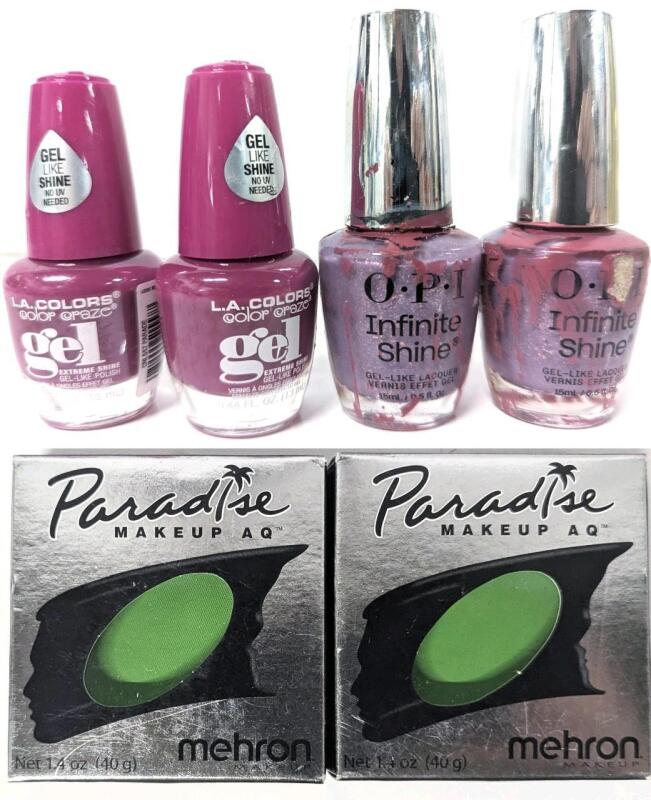 [See Desc] Nail Polish & Makeup : 2&times; LA COLORS Gel-Like Extreme Shine (13ml, Parade), 2&times; OPI Infinite Shine Gel-Like (15ml, Where Time Stubs Still), 2&times; New Paradise Makeup Water-Activated Face & Body Makeup (40g, Light Green)