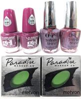 [See Desc] Nail Polish & Makeup : 2&times; LA COLORS Gel-Like Extreme Shine (13ml, Parade), 2&times; OPI Infinite Shine Gel-Like (15ml, Where Time Stubs Still), 2&times; New Paradise Makeup Water-Activated Face & Body Makeup (40g, Light Green)