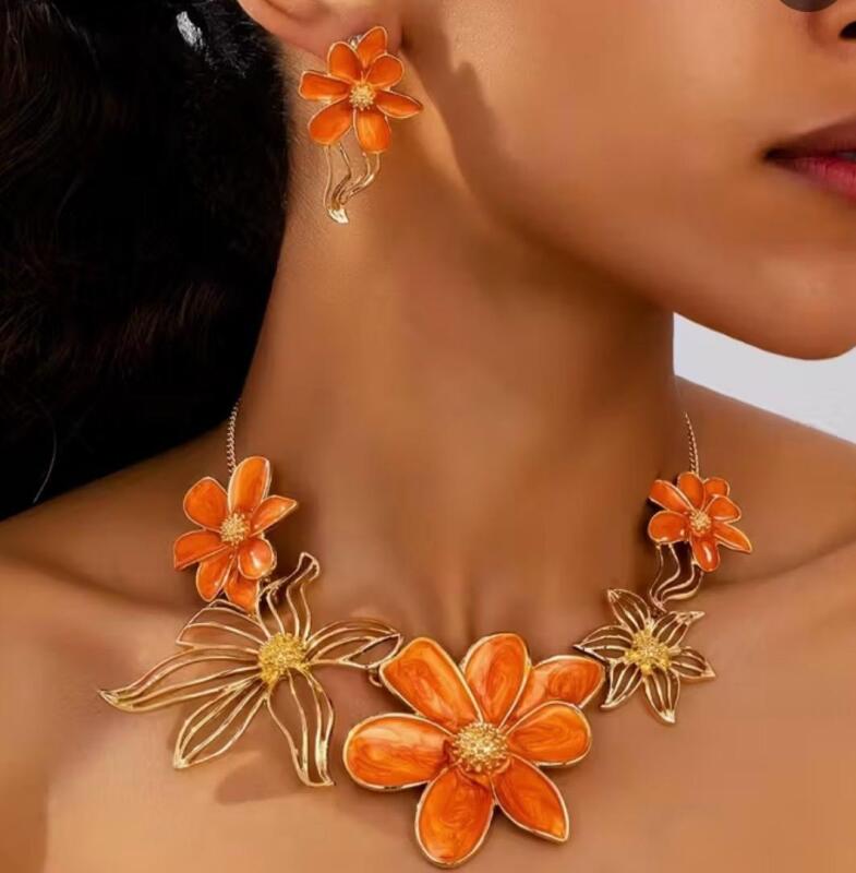 Three-Piece Bohemian Style Large Metal Enamel Flower Pendant Earrings and Necklace