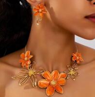 Three-Piece Bohemian Style Large Metal Enamel Flower Pendant Earrings and Necklace
