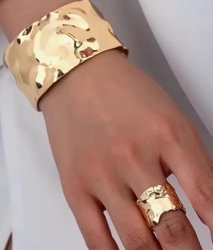 Elegant Hammered Wide Bracelet and Ring Cuff Bracelet diameter is 2.5&rsquo;&rsquo; 1.25&rsquo;&rsquo; back Open Wide Ring adjustable currently size 7