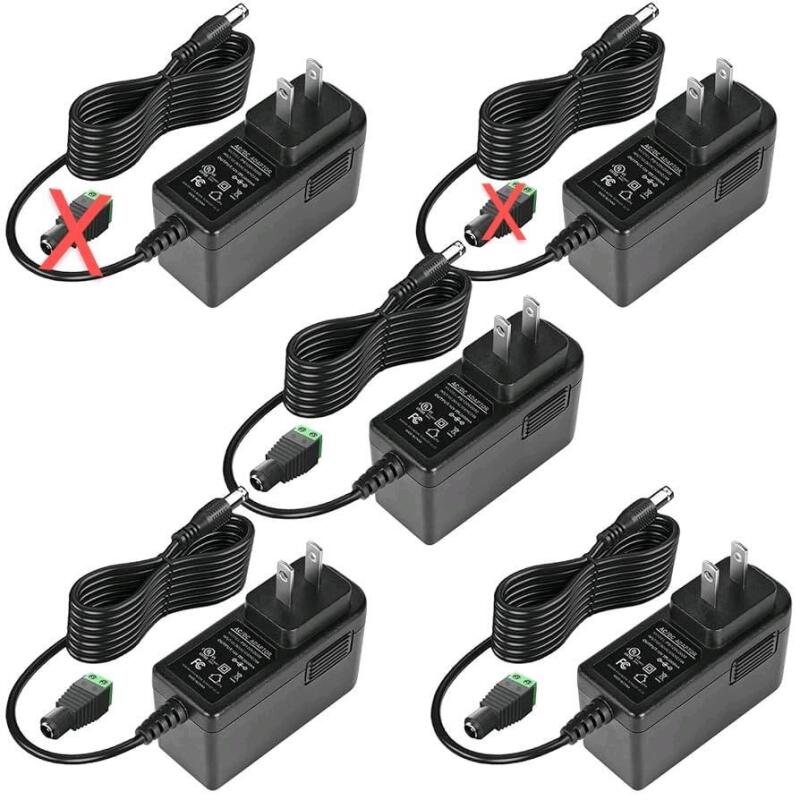 As-New 12V 2A Power Supply Adapter, UL-Listed, 120V AC to 12V DC Adapter Transformer, 12 Volt 2 Amp 24W Wall Charger for LED Strip Lights, Security Camera, 5.5x2.1mm US Plug (5 Pack, Missing 2 5.5/2.1 DC Female Barrel Connectors)
