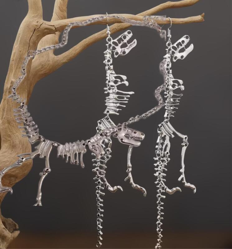 Retro Dinosaur Skeleton Long Drop Earrings and Matching Necklace see description for sizes Statement Pieces