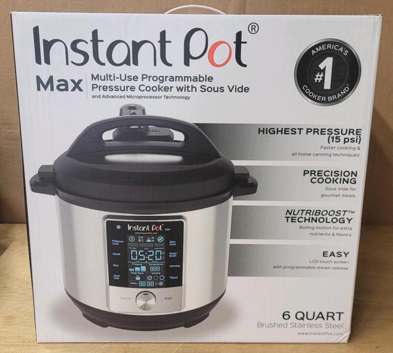 New - Instant Pot Max 6-Quart Multi-Use Electric Pressure Cooker w/15psi Pressure Cooking, Sous Vide, Auto Steam Release Control and Touch Screen . Retail $230