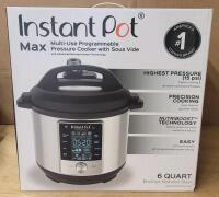 New - Instant Pot Max 6-Quart Multi-Use Electric Pressure Cooker w/15psi Pressure Cooking, Sous Vide, Auto Steam Release Control and Touch Screen . Retail $230