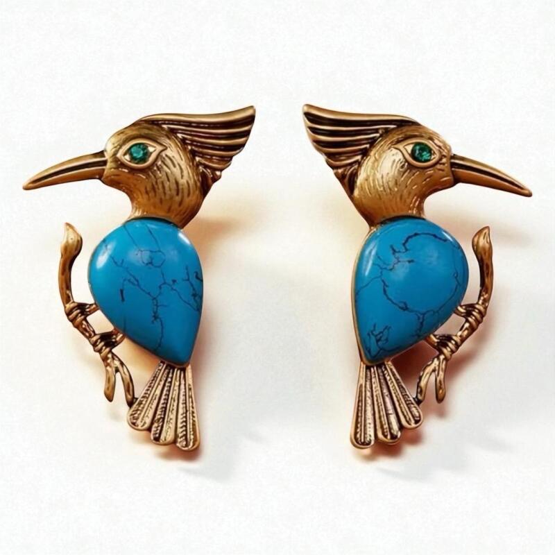 Pair of Vintage Lovely Turquoise Woodpecker Earrings Approximately 1&rsquo;&rsquo; pierced Post Back Faux Turquoise Stock Photo added with model