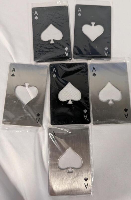 6 New Playing Card Ace of Spades Bottle Openers. 3.5" Long.
