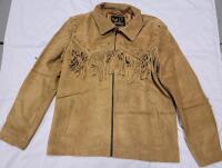 New - Unisex Size Large Tan Suede Leather Jacket w/Fringes , Two (2) Front Pockets . Retail $200++