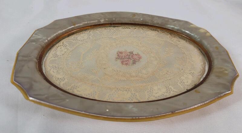 Vintage Celluloid footed Vanity Tray w/Rose Lace Insert under Glass . Measures 8"&times;6"