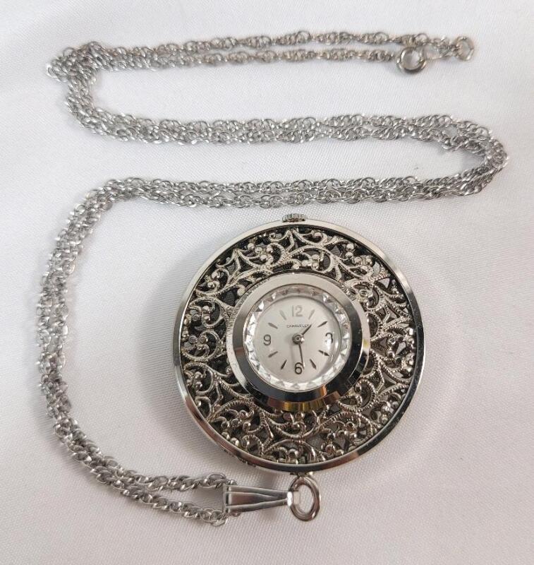 Vintage Caravelle Pendant Watch w/Sterling Silver Chain , Filigree Design . Chain measures 23" Long