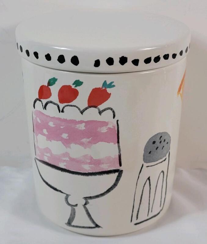Kate Spade " All in Good Taste " Pantry Cookie Jar w/Lid - Retired . Measures 7.5" tall & 6.5" diameter . No chips or cracks