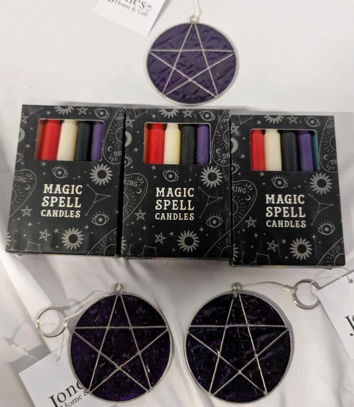 New Magic Decor Lot. 3 Packs of Colourfull Spell Candles (36 Candles total) and 3 Jones Home & Gift Pentagram Orniments 2.75" diameter