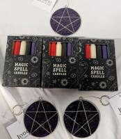 New Magic Decor Lot. 3 Packs of Colourfull Spell Candles (36 Candles total) and 3 Jones Home & Gift Pentagram Orniments 2.75" diameter