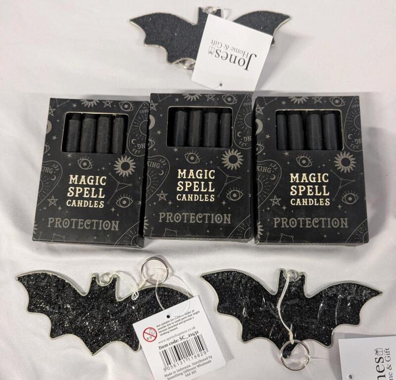 New Magic Decor Lot. 3 Packs of Black Spell Candles (36 Candles total) and 3 Jones Home & Gift Black Bat Oriments 5" Wide.1