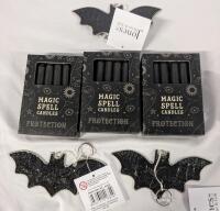 New Magic Decor Lot. 3 Packs of Black Spell Candles (36 Candles total) and 3 Jones Home & Gift Black Bat Oriments 5" Wide.1