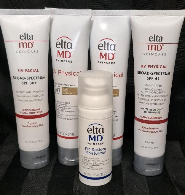 [See Desc] 5 Elta MD Skincare Facial Sunscreen Products: Tinted SPF 41 Sunscreen 85g, SPF 30+ Sunscreen 85g, PM Restore Cream 48g & Lightly Tinted SPF 41 Sunscreen 85g Exp: 11/2025 to 10/2026
