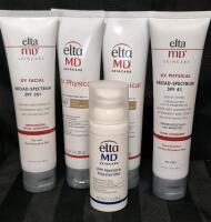 [See Desc] 5 Elta MD Skincare Facial Sunscreen Products: Tinted SPF 41 Sunscreen 85g, SPF 30+ Sunscreen 85g, PM Restore Cream 48g & Lightly Tinted SPF 41 Sunscreen 85g Exp: 11/2025 to 10/2026