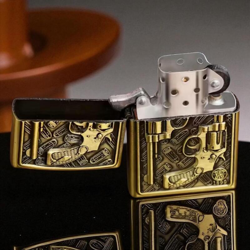 New 2&rsquo;&rsquo; Pocket Lighter with Flint - Revolver & Bullet Design Matte Chrome Finish Solid Metal Construction (No Kerosene Needed) presented in Tin Box