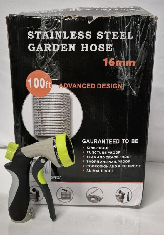 New in Box 100ft Stainless Steel Garden Hose + Spray Nozzle - 16mm