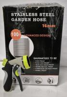 New in Box 100ft Stainless Steel Garden Hose + Spray Nozzle - 16mm