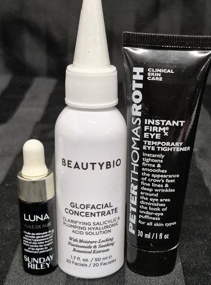 [See Desc] 3 Skincare Products: Beautybio Glofacial Concentrate 50mL, Luna Sunday Riley Sleeping Night Oil 5mL & Peter Thomas Roth Instant Firm Eye Treatment 30mL