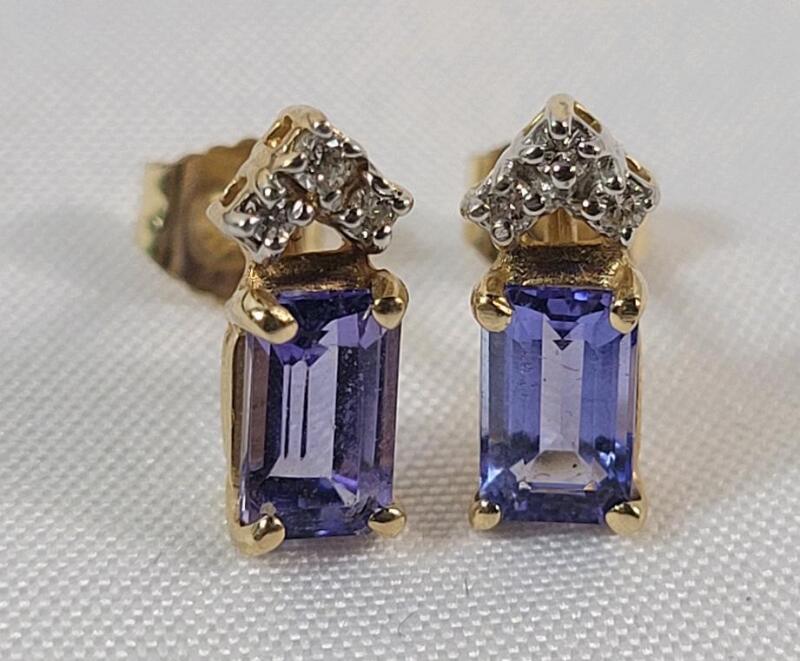 14K Gold Ioilite w/3 Small Diamonds Earring Set . See photos for size