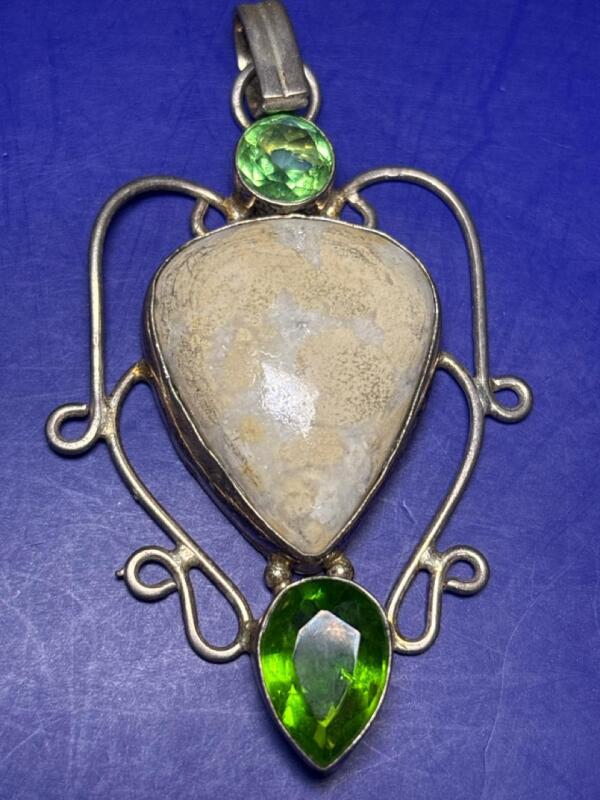 Marked 925 Sterling Peridot Prenite Large 2.75&rsquo;&rsquo; Pendant