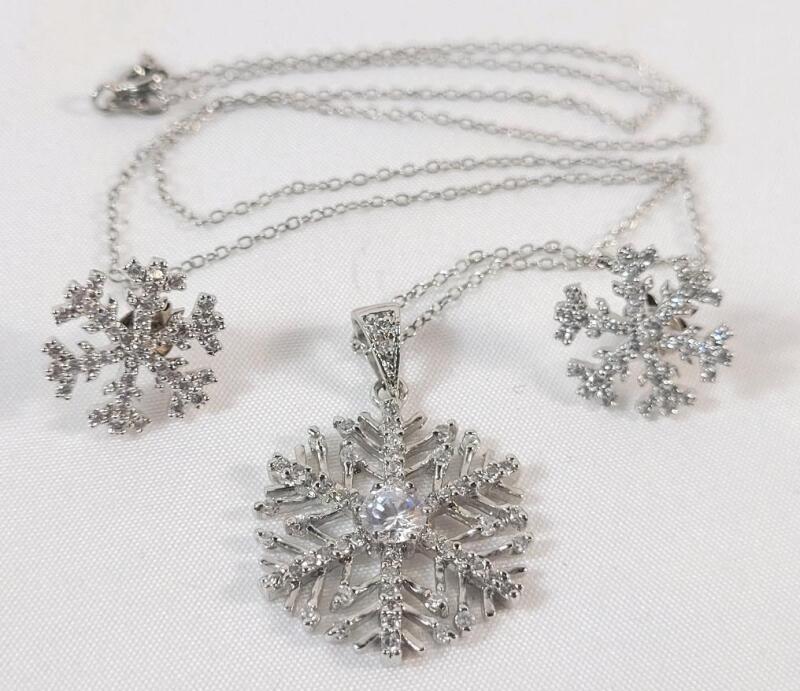 Sterling Silver Snowflake Pendant & Earring Set w/Sterling Silver Chain . Chain measures 17" long .