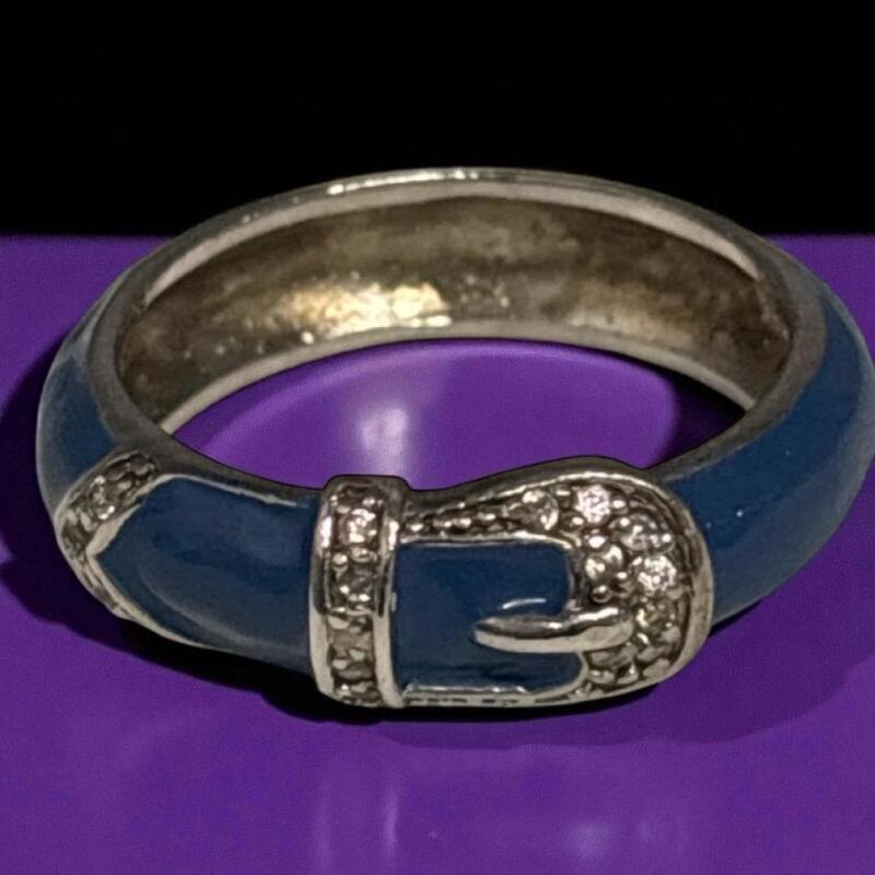 925 Sterling Silver Marked Enamel Set Diamonds on Buckle Ring Size 9.5