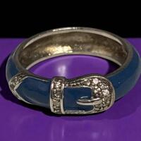 925 Sterling Silver Marked Enamel Set Diamonds on Buckle Ring Size 9.5