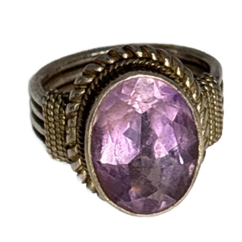Marked 925 Sterling Silver Amethyst Large Oval Faceted Bezel Set Ring Stone Size 5.5 Makers Mark