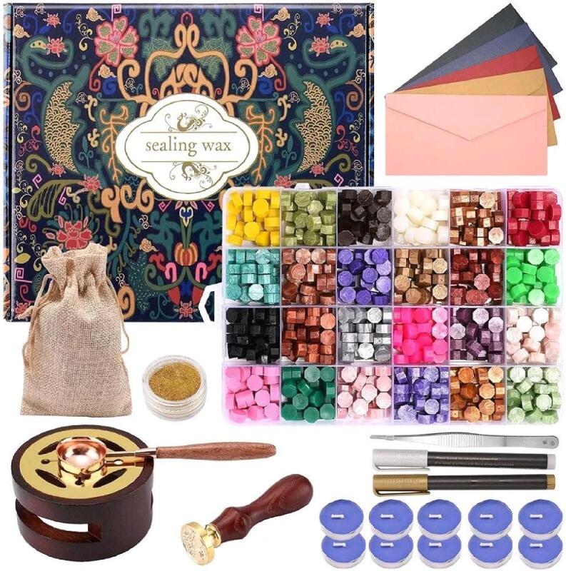 New Wax Seal Stamp Kit: 24 Colors and 624 Pcs Wax Seal Beads with Wax Seal Stamp, Sealing Wax Warmer, Wax Seal Metallic Pen and Envelope.