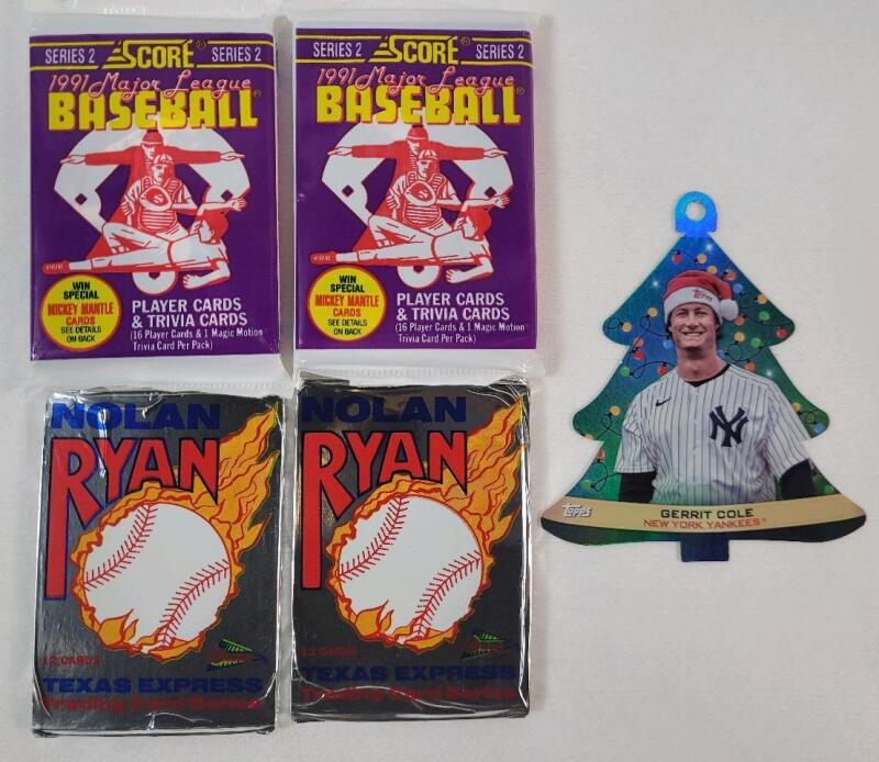 1991 Score Series 2 1991 MLB Baseball Wax Packs (2) , 1991 Nolan Ryan Baseball Wax Packs (2) & 2022 Gerrit Cole Topps Walmart Holiday Mega Baseball Ornament Trading Card # WHO-GC .