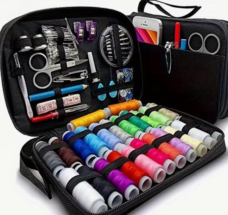 New Luxury Portable Sewing Kit - Black Fabric Case with Colored Threads, Needles, Scissors, etc. - Multifunctional Hand Sewing Essentials, Travel Sewing Supplies | Durable Fabric Box