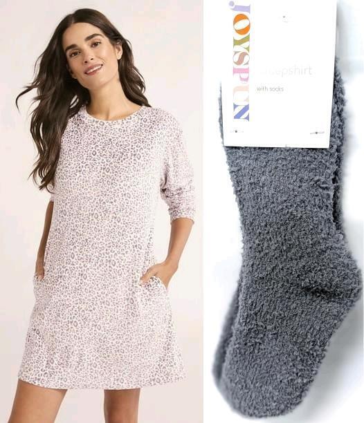 New Size XS Women's JOYSOFT Super Soft Velour Sleepshirt with Fuzzy Socks Set : Pink Snow Leopard Print