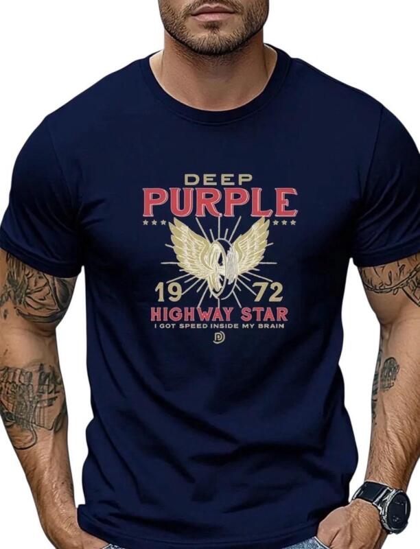 Size XXL Deep Purple Band Highway Star Retro Rock T-Shirt 1972 Classic Album Cover Design Men's Black Cotton Crew Neck Casual Tee Soft Breathable S/ Stock photo added