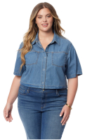 New Sz Medium Jessica Simpson Ladies Cropped Twill Denim Shirt; Short Sleeve With Button Front Closure