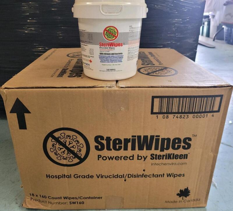 18 SteriWipes Virucidal Disinfectant & Cleaner Wipes for Hard Surfaces , Best Before 12/2023 . One (1) Container Opened and Still Has Moist Wipes . 160 Wipes Per Container