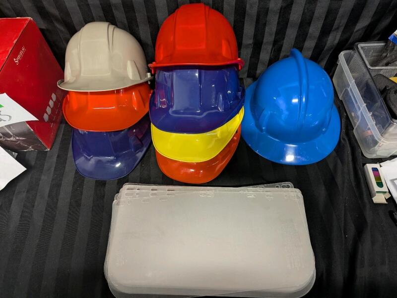 As New Hard Hat Lot. 8 HardHats. Variety of Sizes and Brands. With 17 Face Shields (15.5" Wide)