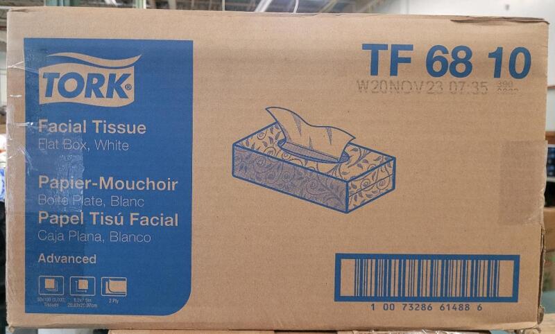 30 New Tork 2-Ply Facial Tissue Boxes , Flat Box . 100 Tissues Per Box . Box has some bends from shipping and storage