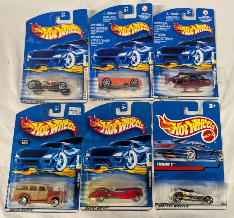 6 Vintage Sealed Hot Wheels Diecast Vehicles. 5 Cars and 1 Helicopter.